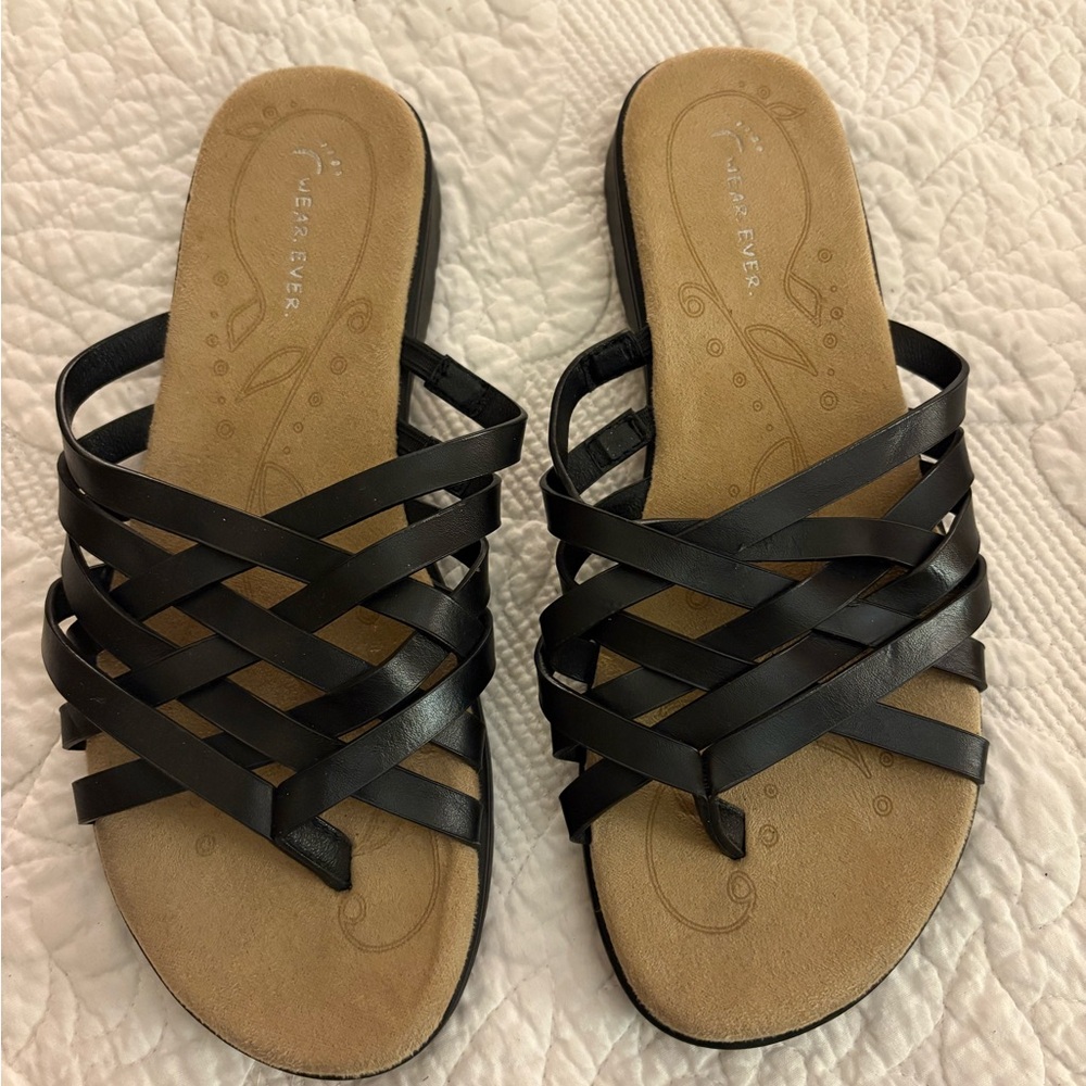 Wear Ever Black Strappy Woven Slide Sandals with Tan Footbed Size 8